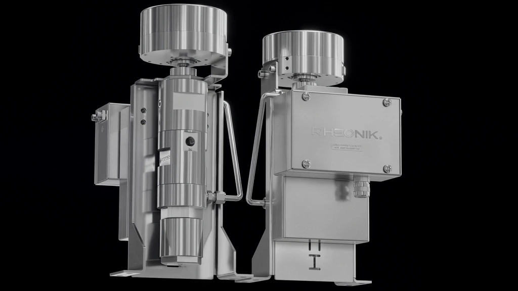 3D render of two assembled stainless steel industrial valve units side by side on black
