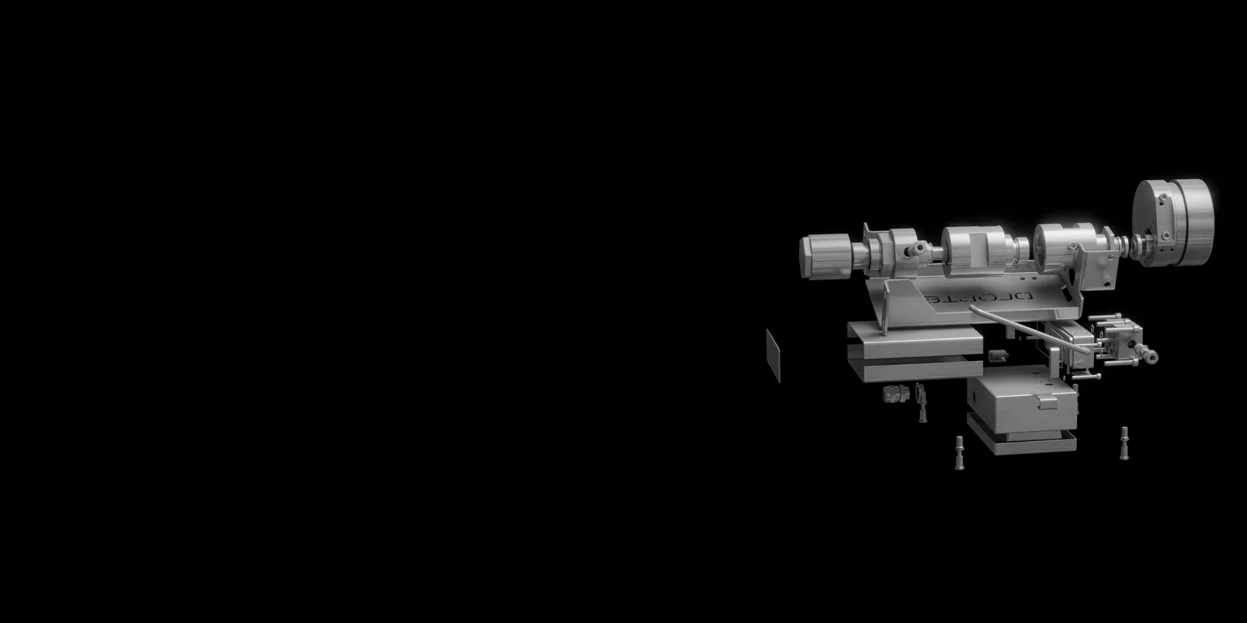 Exploded-view render of an industrial valve assembly with its parts pulled apart on a black stage