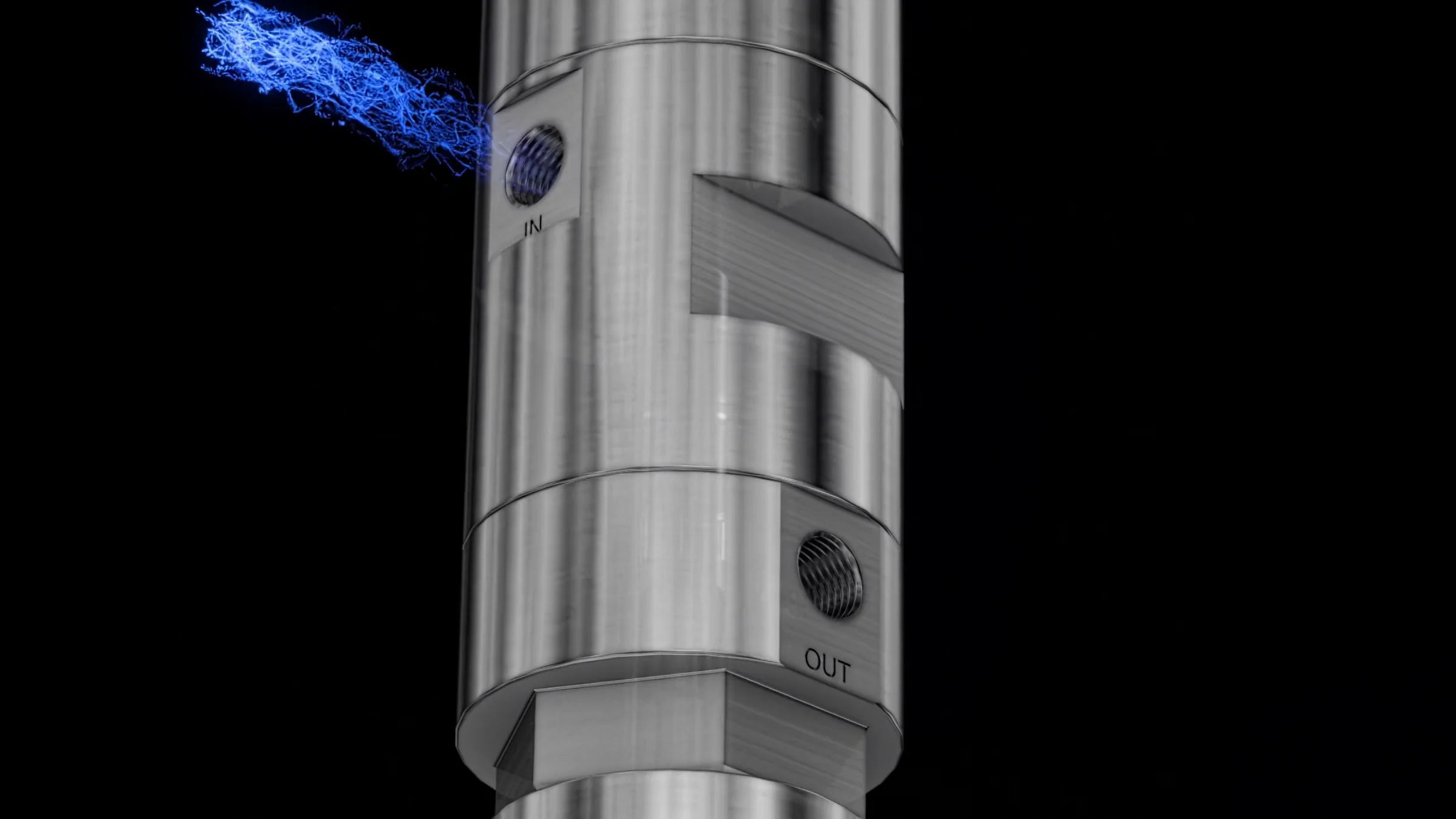Still of a blue stream of fluid entering the steel valve body