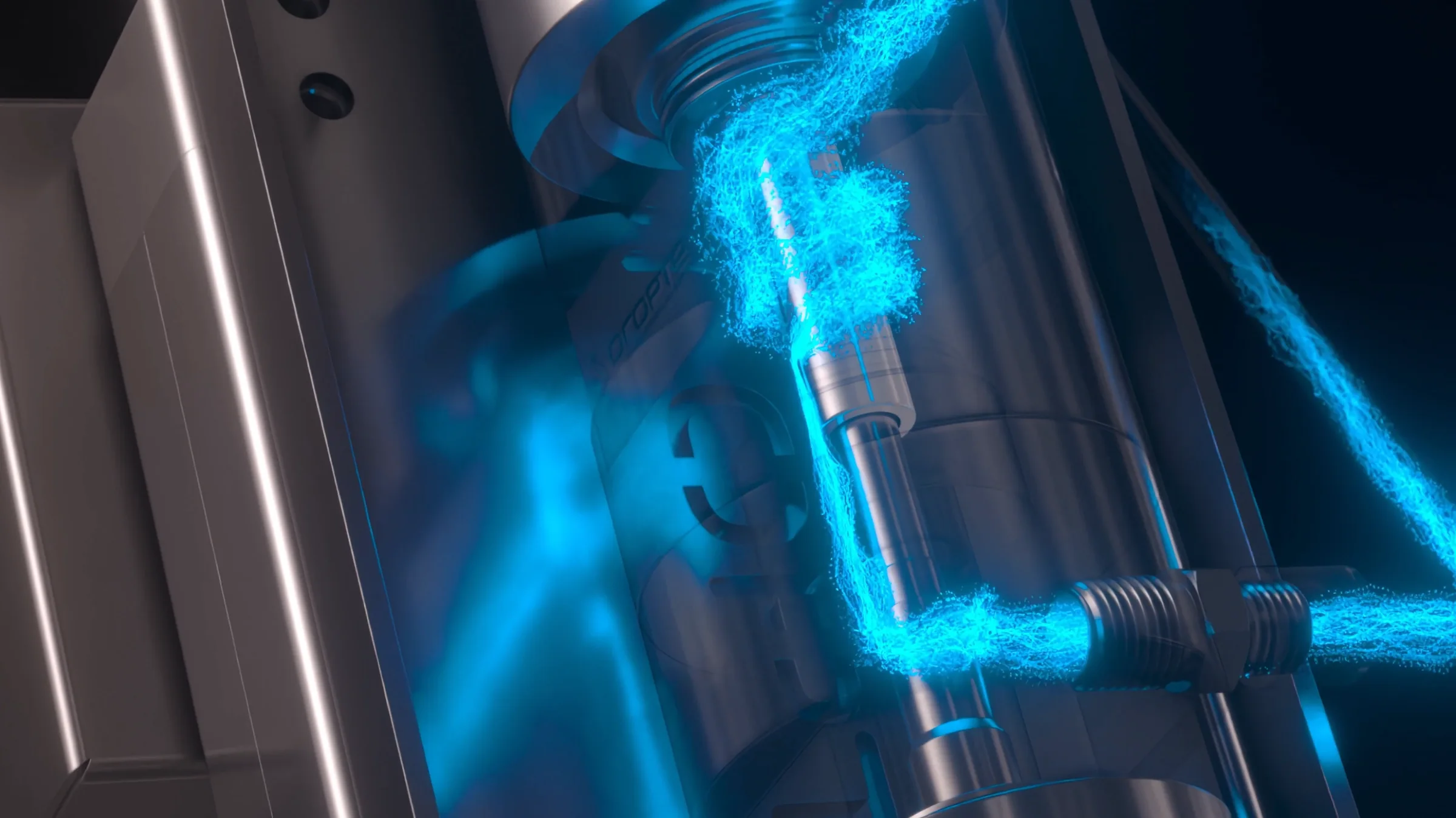 Cutaway still of cyan fluid moving through the valve and its fittings