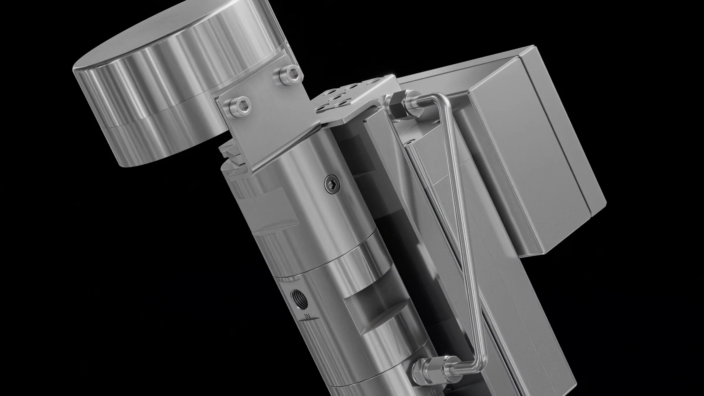Still of the automated dosing unit tilted toward the camera, showing the bracket and fittings