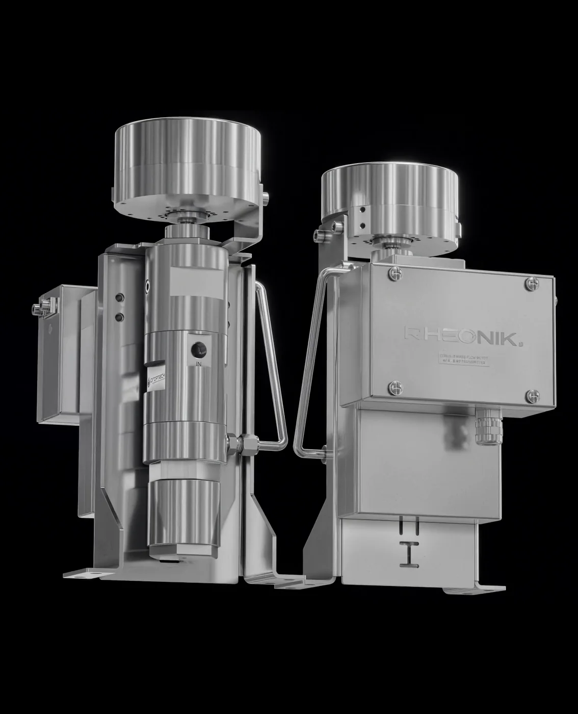 Portrait render of two steel valve assemblies standing side by side on their brackets