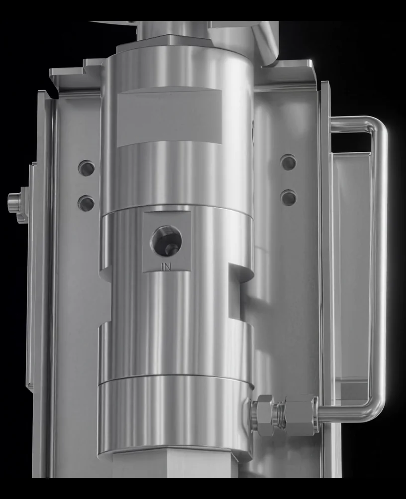 Portrait render of a stainless steel valve mounted in its bracket, with the inlet port in the centre