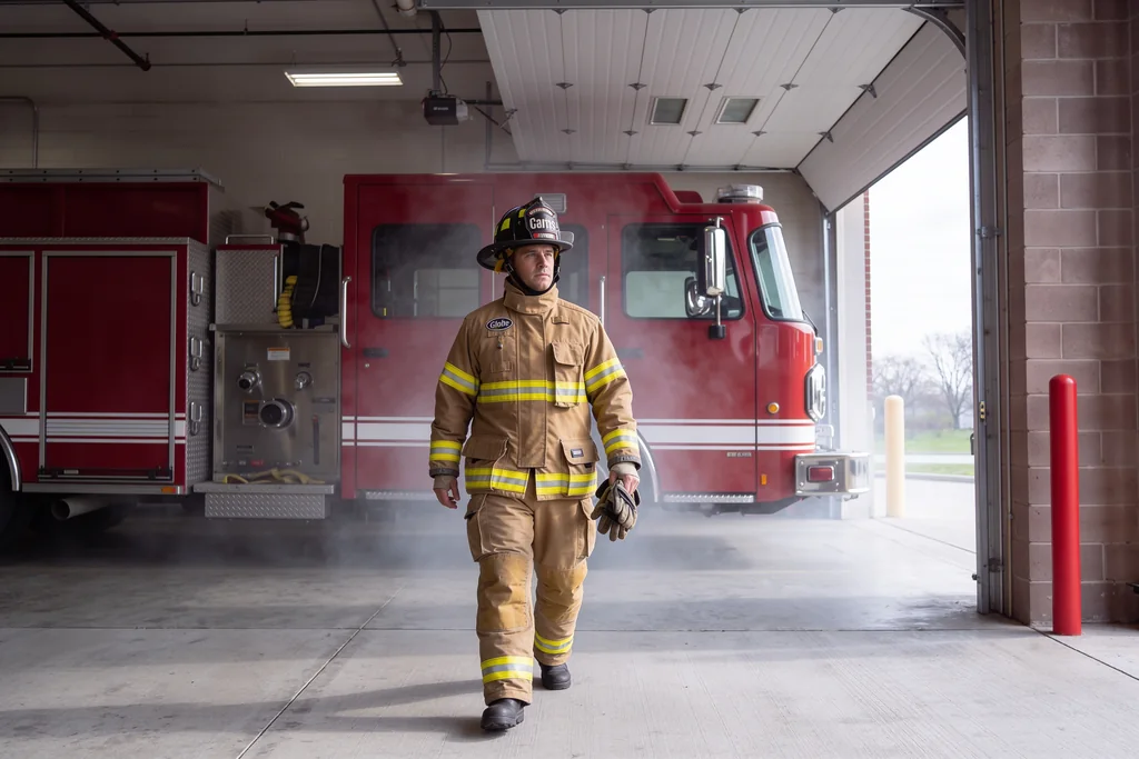 Firefighter in tan turnout gear with yellow and silver reflective trim walking out of a fire station bay past a red engine