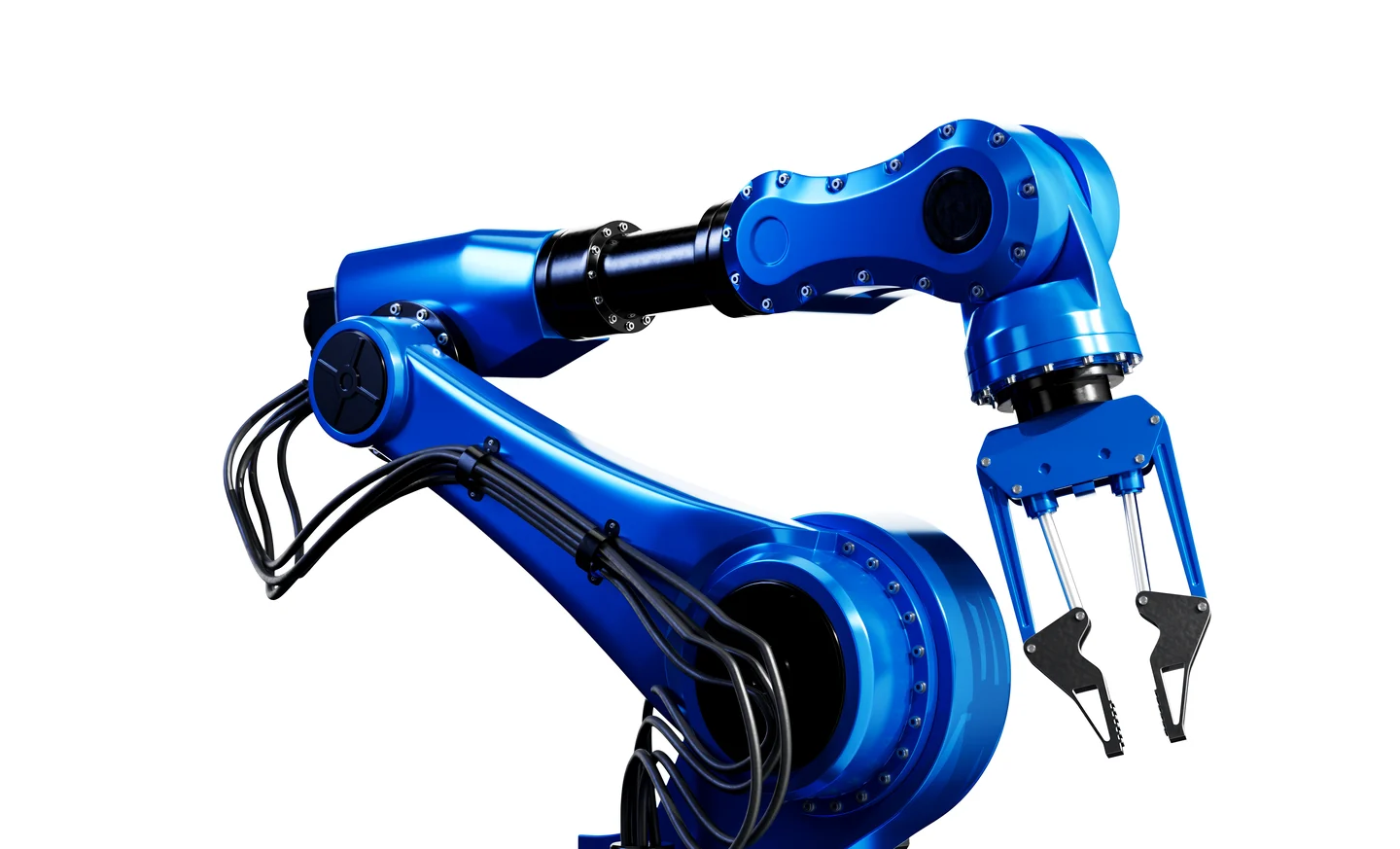 Blue six-axis industrial robot arm with an open gripper, shown in a studio CGI render