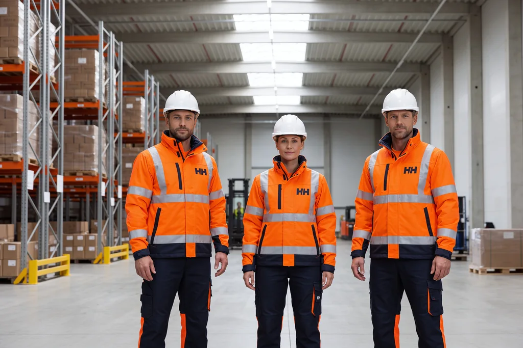 Three warehouse workers in matching orange hi-vis work jackets, navy work trousers and white hard hats