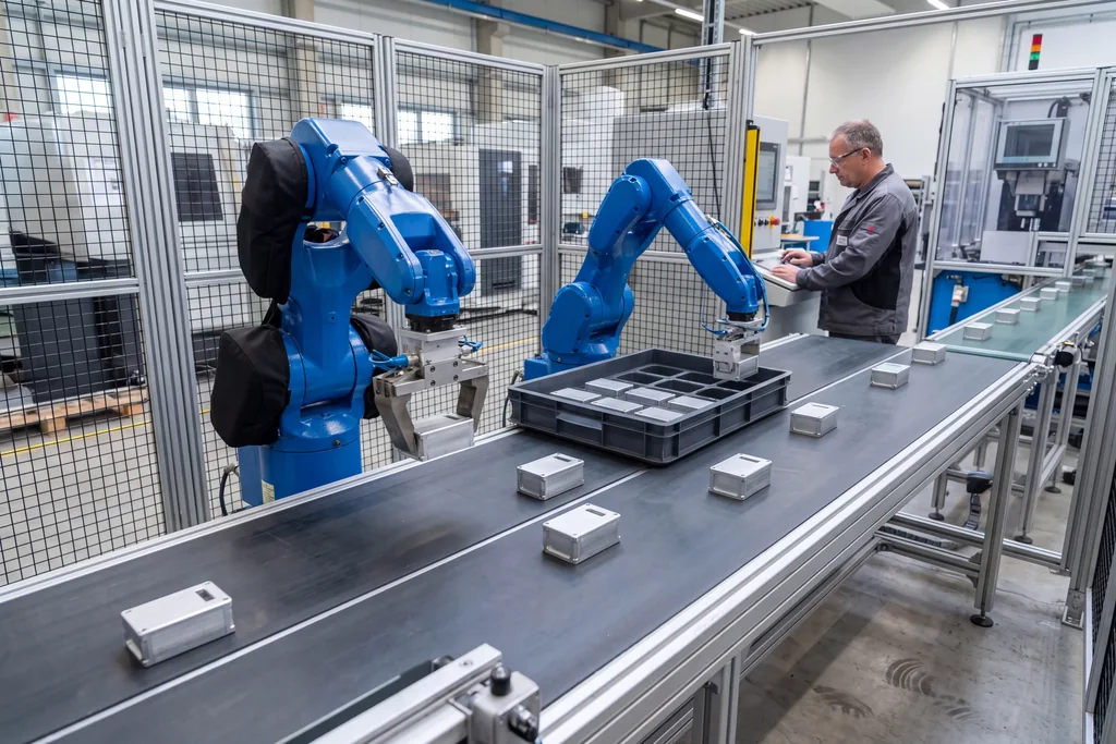Two blue robotic arms placing aluminium housings from a conveyor into a tray while an operator works at a control panel