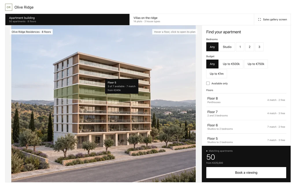Sélecteur de logements plein écran pour l’écran tactile d’un espace de vente : rendu de l’immeuble avec l’étage 5 mis en évidence, filtres et nombre d’appartements disponibles
