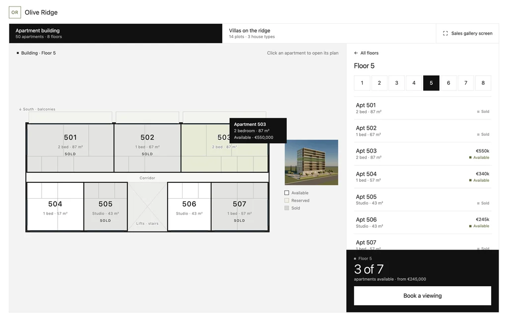 Full-screen apartment selector for a sales gallery touch screen, showing a floor plan with available, reserved and sold apartments