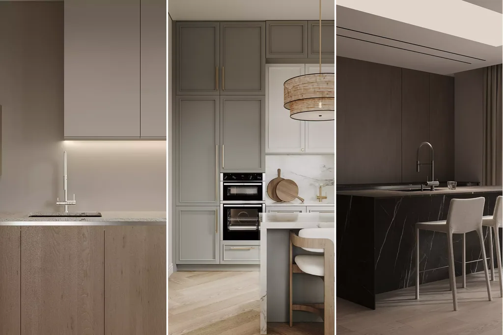 Three kitchen renders side by side: putty and oak handleless fronts, grey shaker cabinets with marble, dark walnut with a black marble island