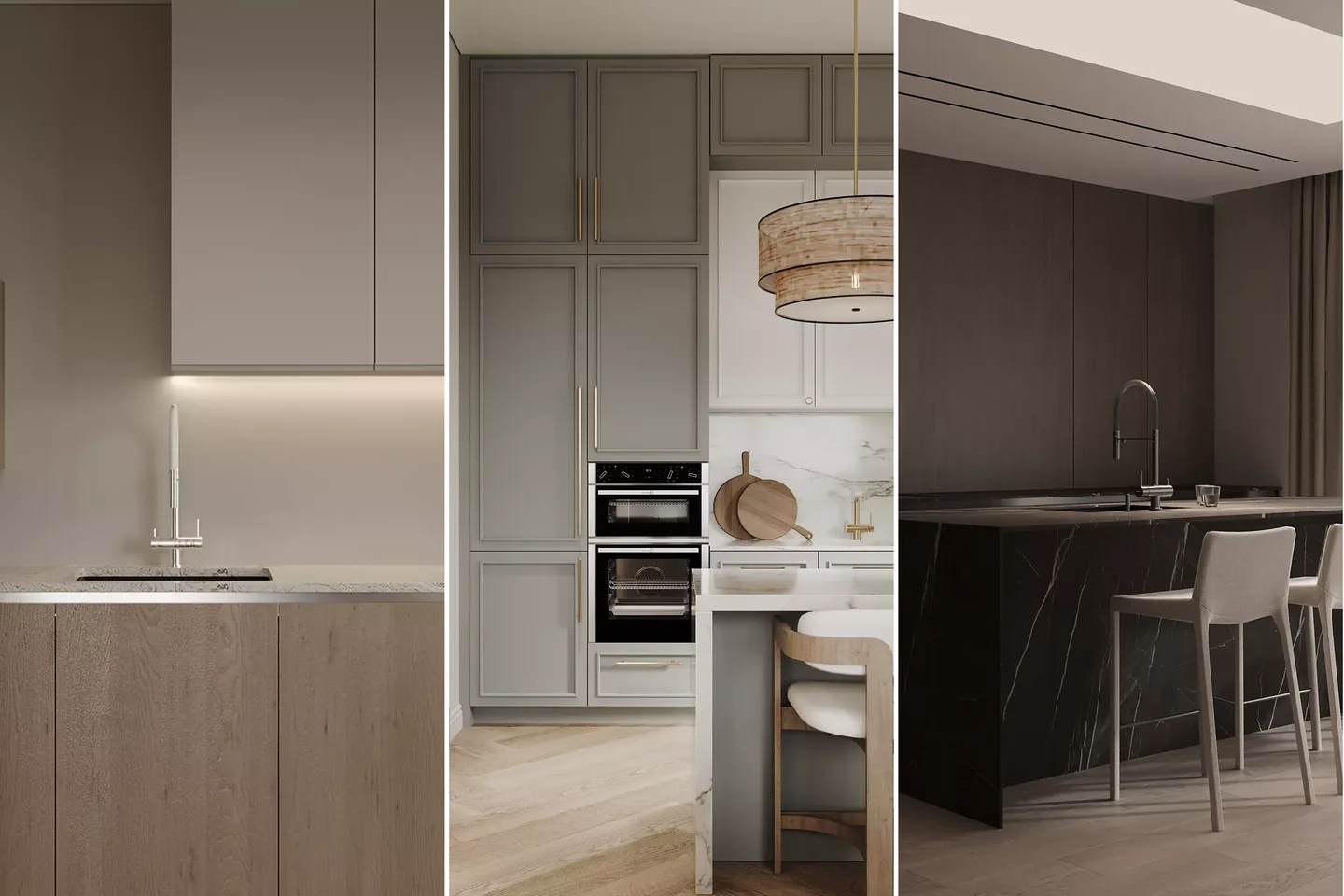 Three kitchen renders side by side: putty and oak handleless fronts, grey shaker cabinets with marble, dark walnut with a black marble island