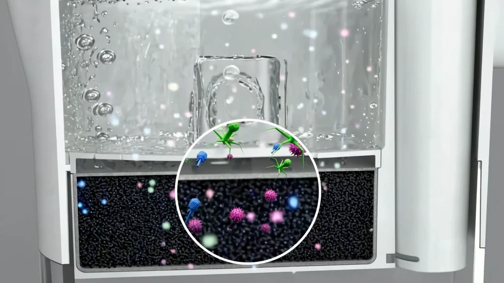 Cutaway 3D animation still of a filter cartridge with particles trapped in its media