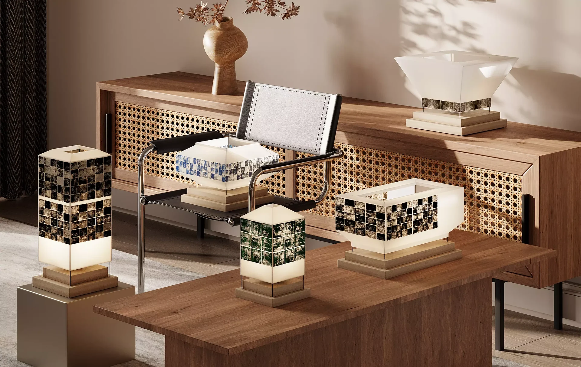 Render of five mosaic tile table lamps on a rattan sideboard, a wooden table and a plinth in a warm living room