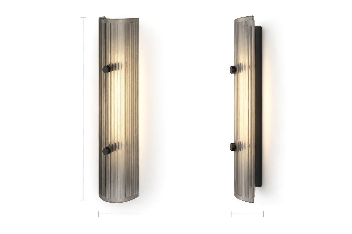 Render of a ribbed glass wall light switched on, in front and side views on a white background with dimension lines