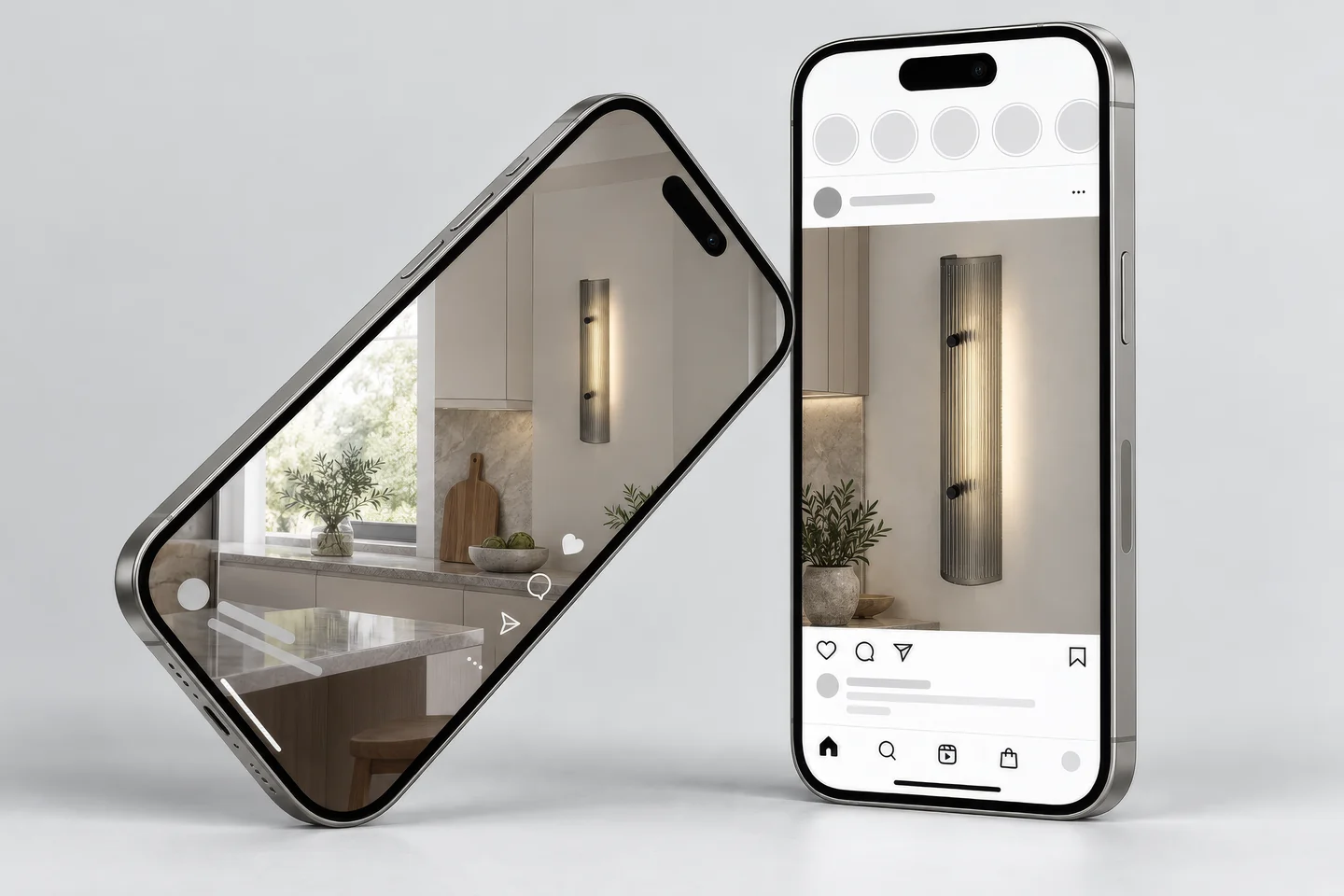 Render of two smartphones showing a social media post and a vertical video of a ribbed glass wall light in a kitchen