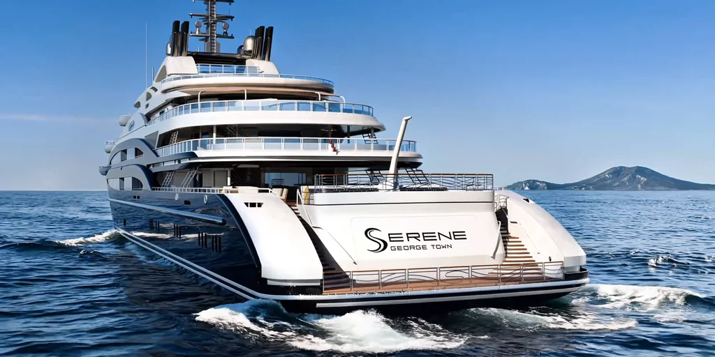 Film still of a luxury yacht cruising at sea