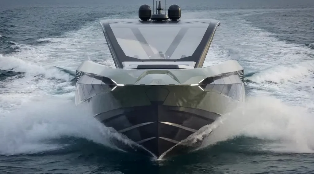 Film still of a yacht at the waterline