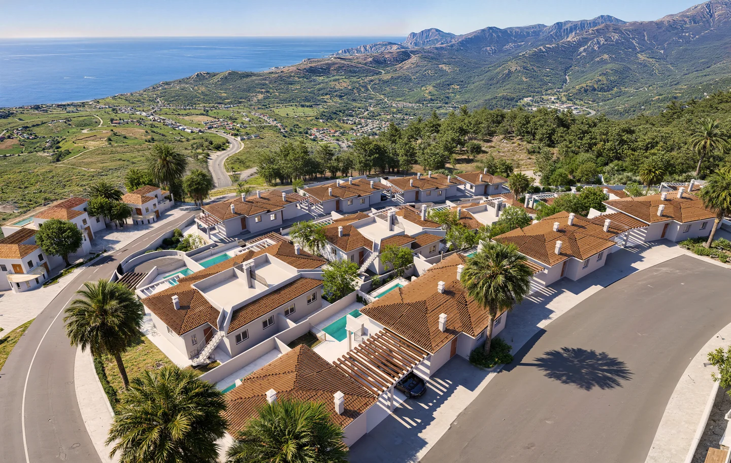 High aerial render of a luxury villa complex on a hillside with the Mediterranean coastline and mountains behind it