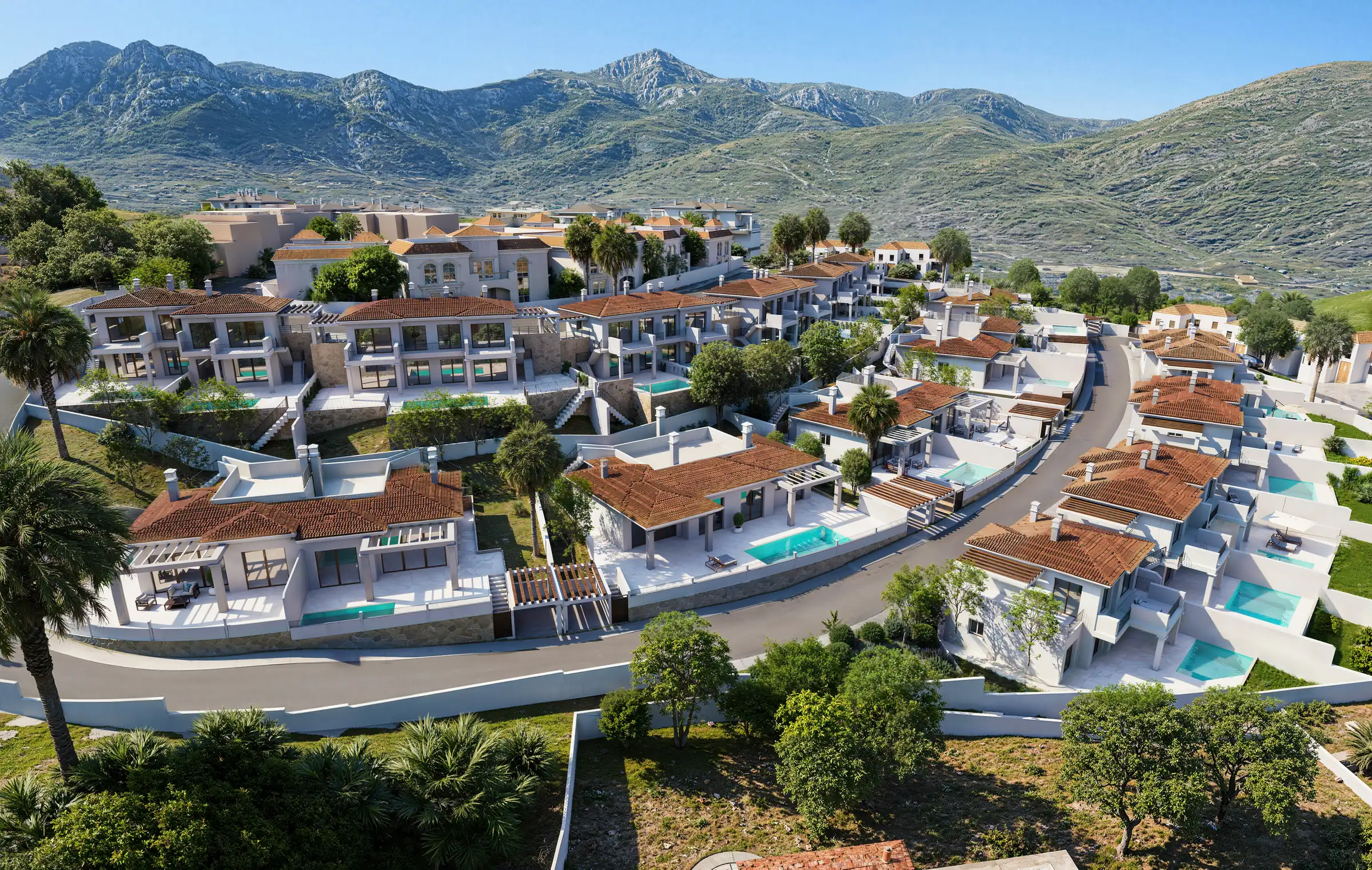 Visualisierung einer Luxus-Villenanlage an der Costa del Sol in Spanien Luftbild-Rendering einer Villenanlage am Hang mit Terrakottadächern, eigenen Pools und grünen Bergen im Hintergrund