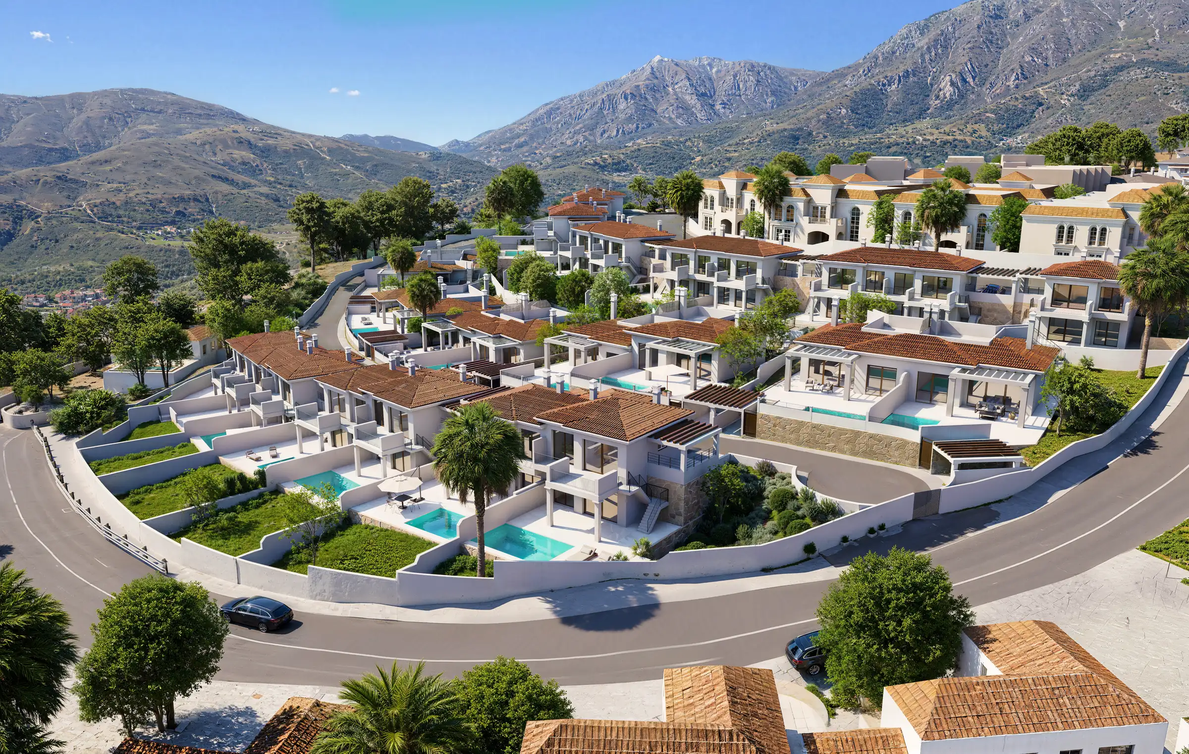 Visualisierung einer Luxus-Villenanlage an der Costa del Sol in Spanien Luftbild-Rendering einer Luxus-Villenanlage mit Pools und Gärten entlang einer geschwungenen Straße, dahinter die Berge