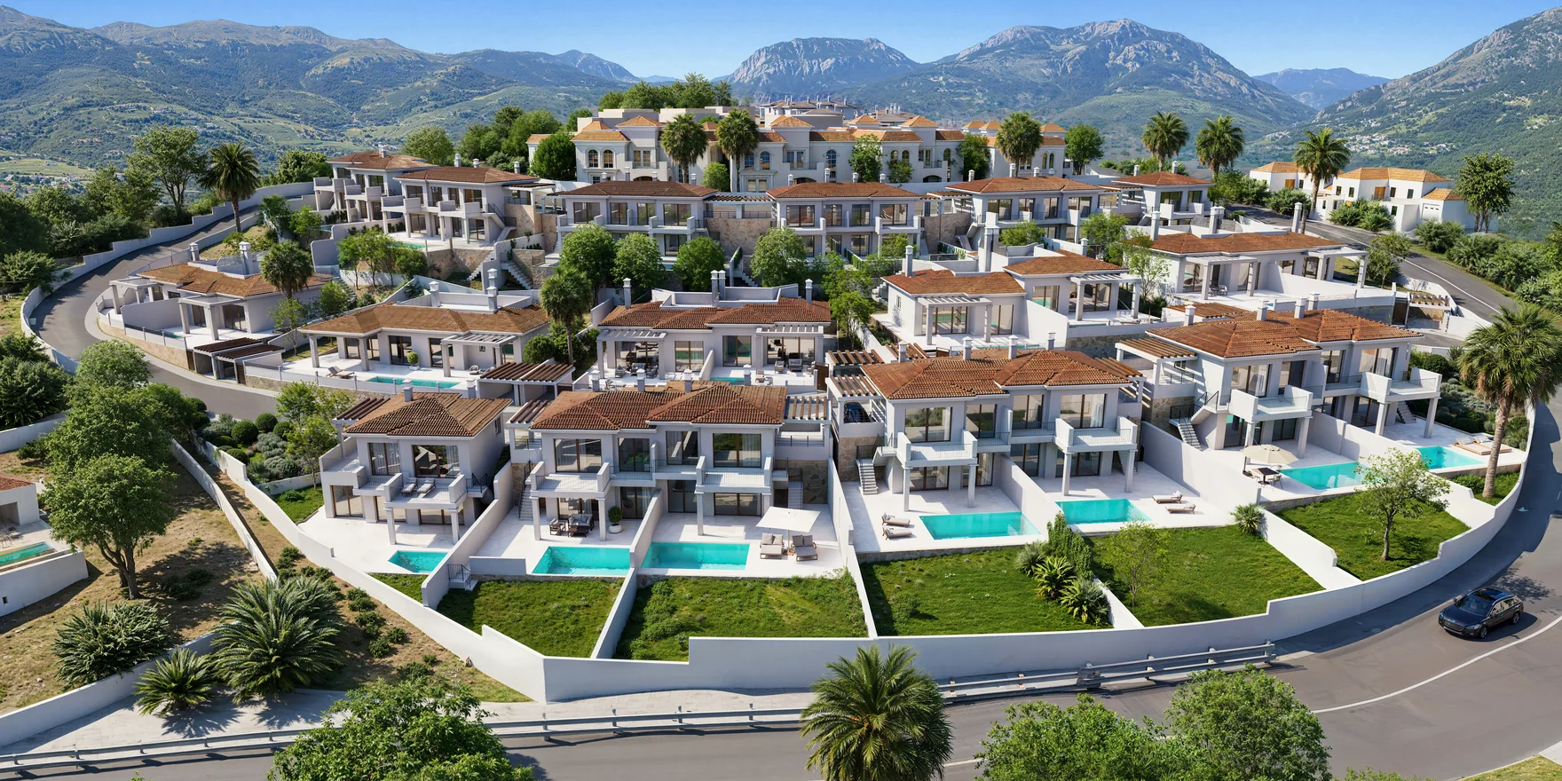 Luftbild-Rendering einer Anlage weißer Luxusvillen mit Terrakottadächern und eigenen Pools am Hang unterhalb der Berge an der Costa del Sol
