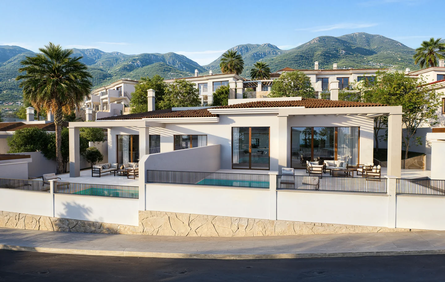Render of a single-storey villa with a covered terrace, outdoor seating and a private pool behind a white wall