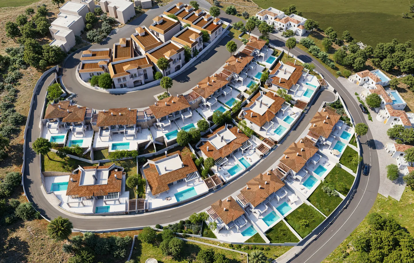 Top-down render of a villa complex along a curved street, with private gardens and turquoise pools, used as a site plan view