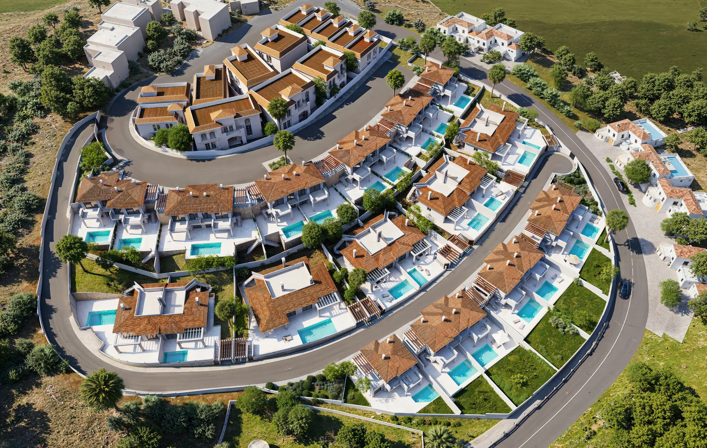 Visualisierung einer Luxus-Villenanlage an der Costa del Sol in Spanien Rendering einer Villenanlage senkrecht von oben entlang einer geschwungenen Straße, mit privaten Gärten und türkisfarbenen Pools, als Lageplanansicht