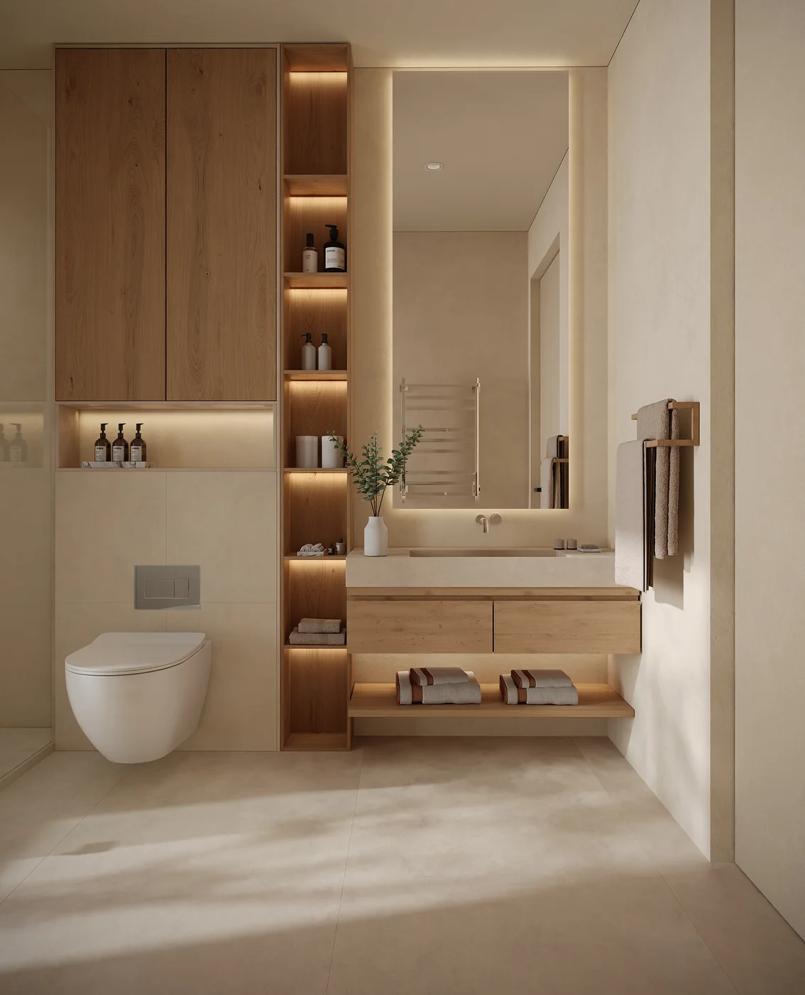 Visualisierung einer Luxus-Villenanlage an der Costa del Sol in Spanien Hochformat-Rendering des Badezimmers einer Villa mit Waschtisch aus Eiche, beleuchtetem Spiegel, offenen Regalen und Wand-WC
