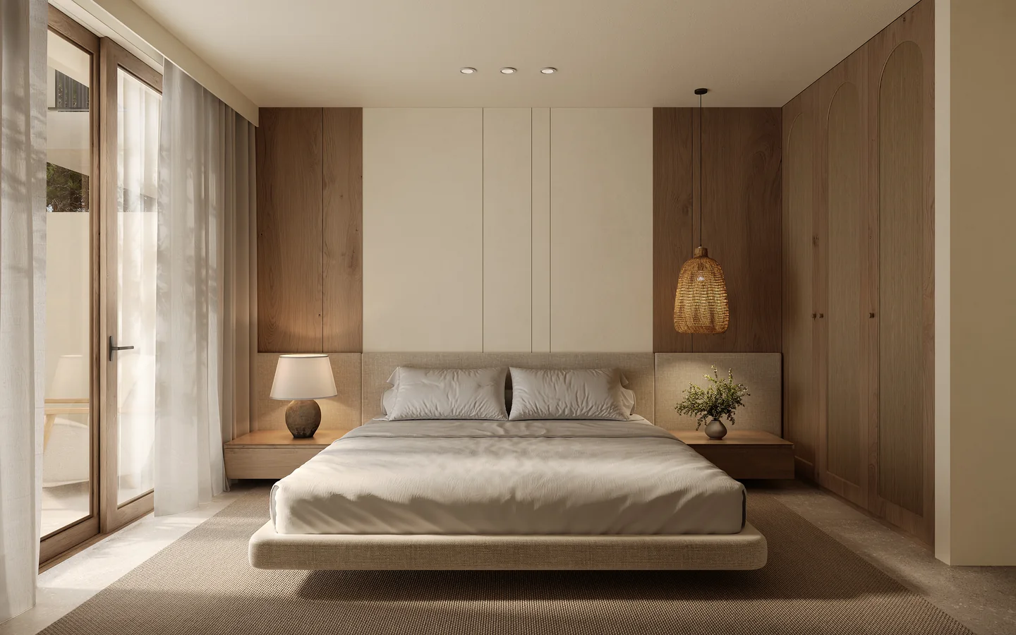 Render of a villa bedroom with a low upholstered bed, oak wall panels, a woven pendant lamp and a glass door to the terrace