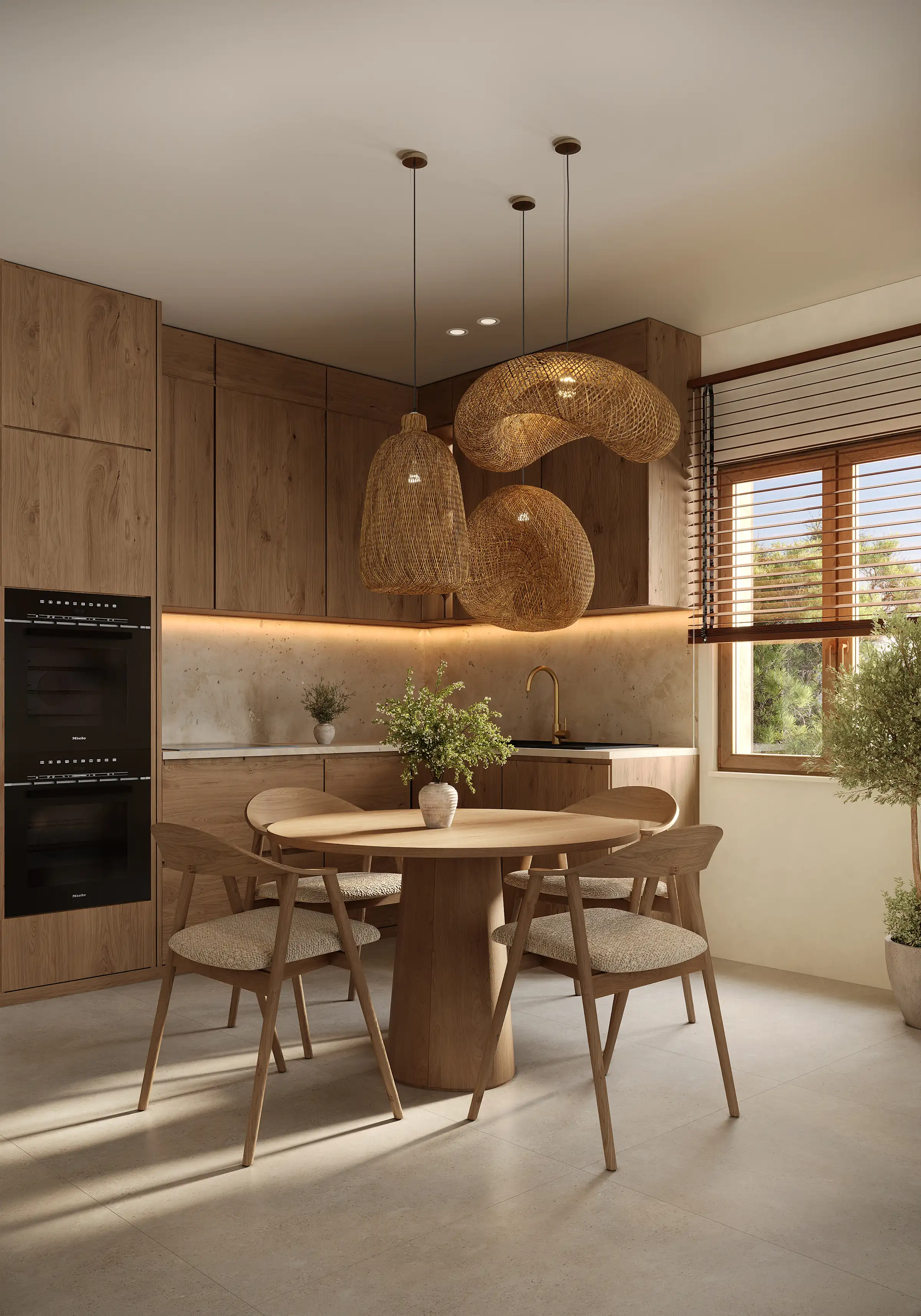 Visualisierung einer Luxus-Villenanlage an der Costa del Sol in Spanien Hochformat-Rendering der Essecke einer Villa mit rundem Eichentisch, vier Stühlen und geflochtenen Pendelleuchten neben der Küche