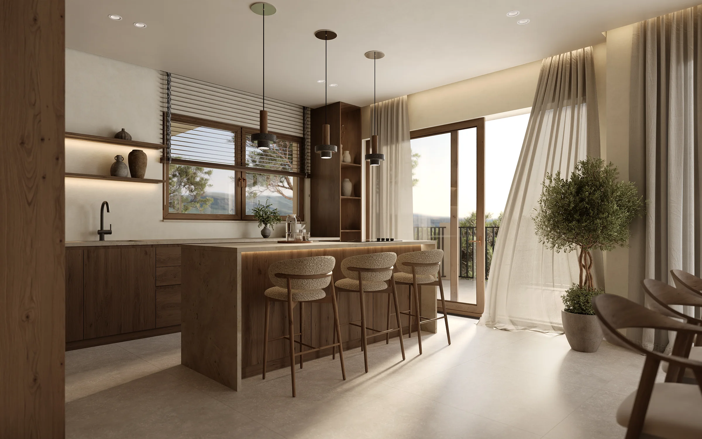Visualisierung einer Luxus-Villenanlage an der Costa del Sol in Spanien Rendering der Küche einer Villa mit Kücheninsel aus Eiche, drei Pendelleuchten, Barhockern und einem Fenster mit transparenten Vorhängen