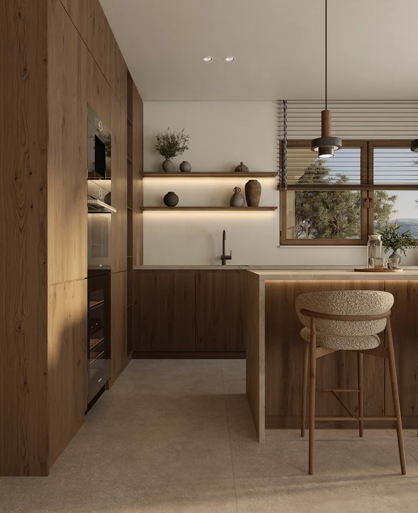 Visualisierung einer Luxus-Villenanlage an der Costa del Sol in Spanien Hochformat-Rendering der Küche einer Villa mit Eichenschränken, Kücheninsel aus Stein, Barhocker aus Bouclé und Fenster zu den Bäumen