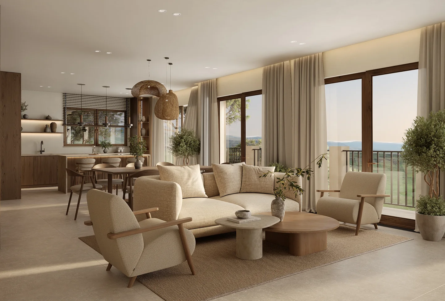 Render of an open villa living and dining area with a linen sofa, a round coffee table and a view of the hills