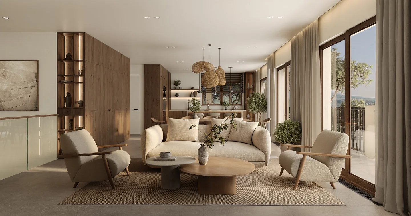 Render of a villa living room with linen sofas, oak armchairs, woven pendant lamps and large windows to the terrace