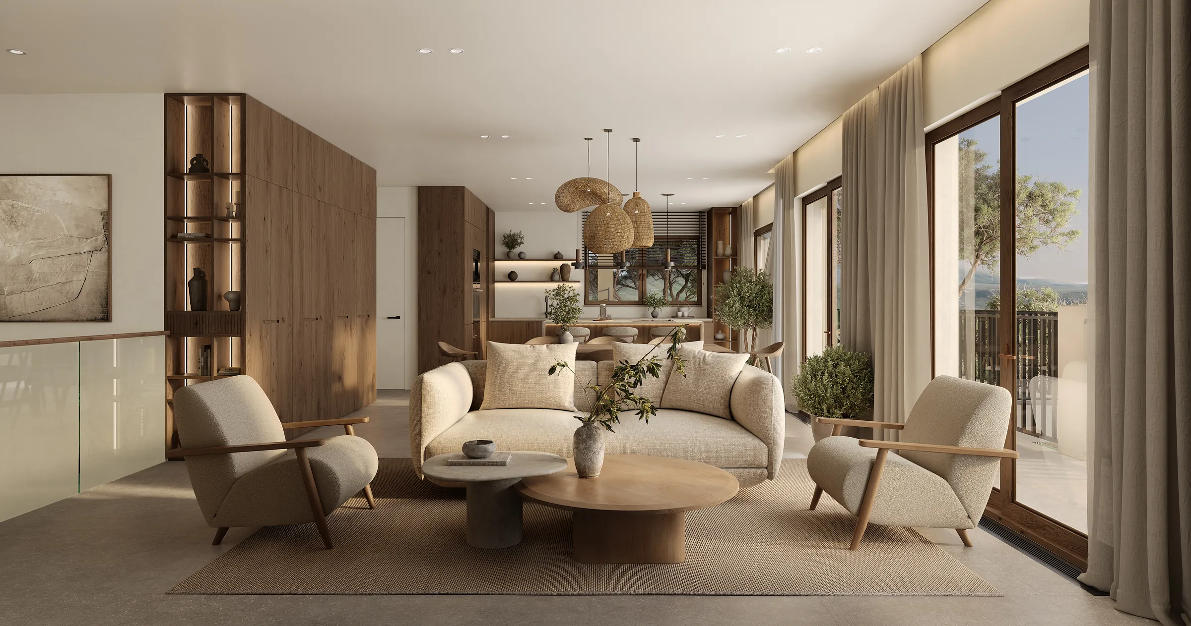 Visualisierung einer Luxus-Villenanlage an der Costa del Sol in Spanien Rendering des Wohnzimmers einer Villa mit Leinensofas, Sesseln aus Eiche, geflochtenen Pendelleuchten und großen Fenstern zur Terrasse