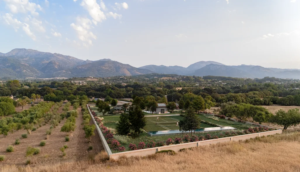 Drone aerial render of a renovated finca garden among olive groves with the Serra de Tramuntana behind