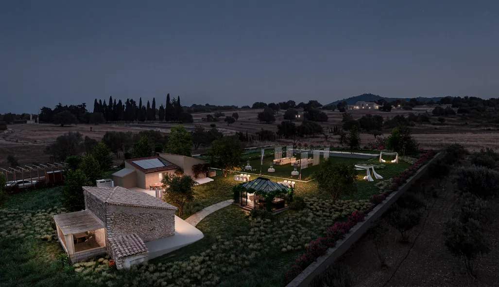 Night aerial render of a Mallorca finca with lit stone buildings, a glasshouse and an evening reception set on the lawn
