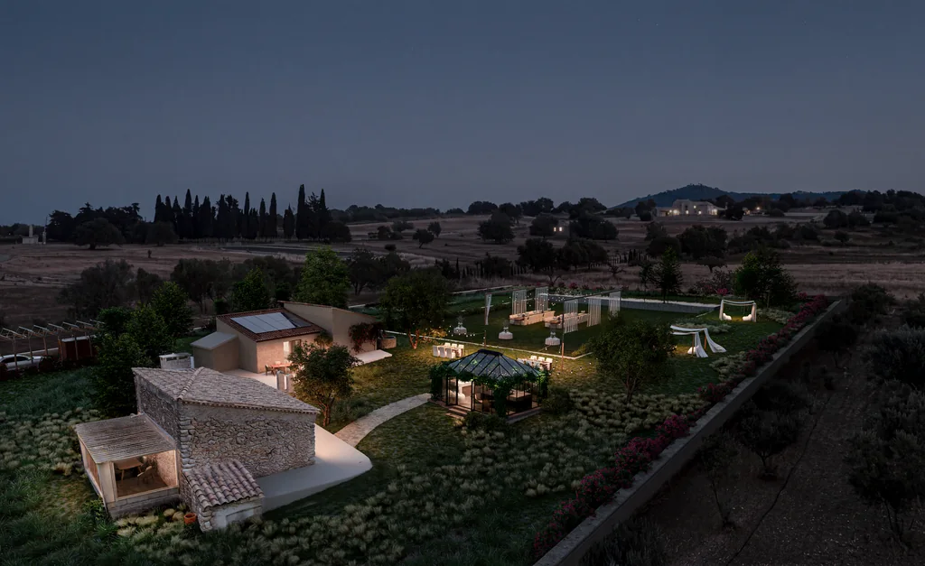 Night aerial render of a renovated finca with lit stone cottages, a glasshouse and a lawn set for a reception