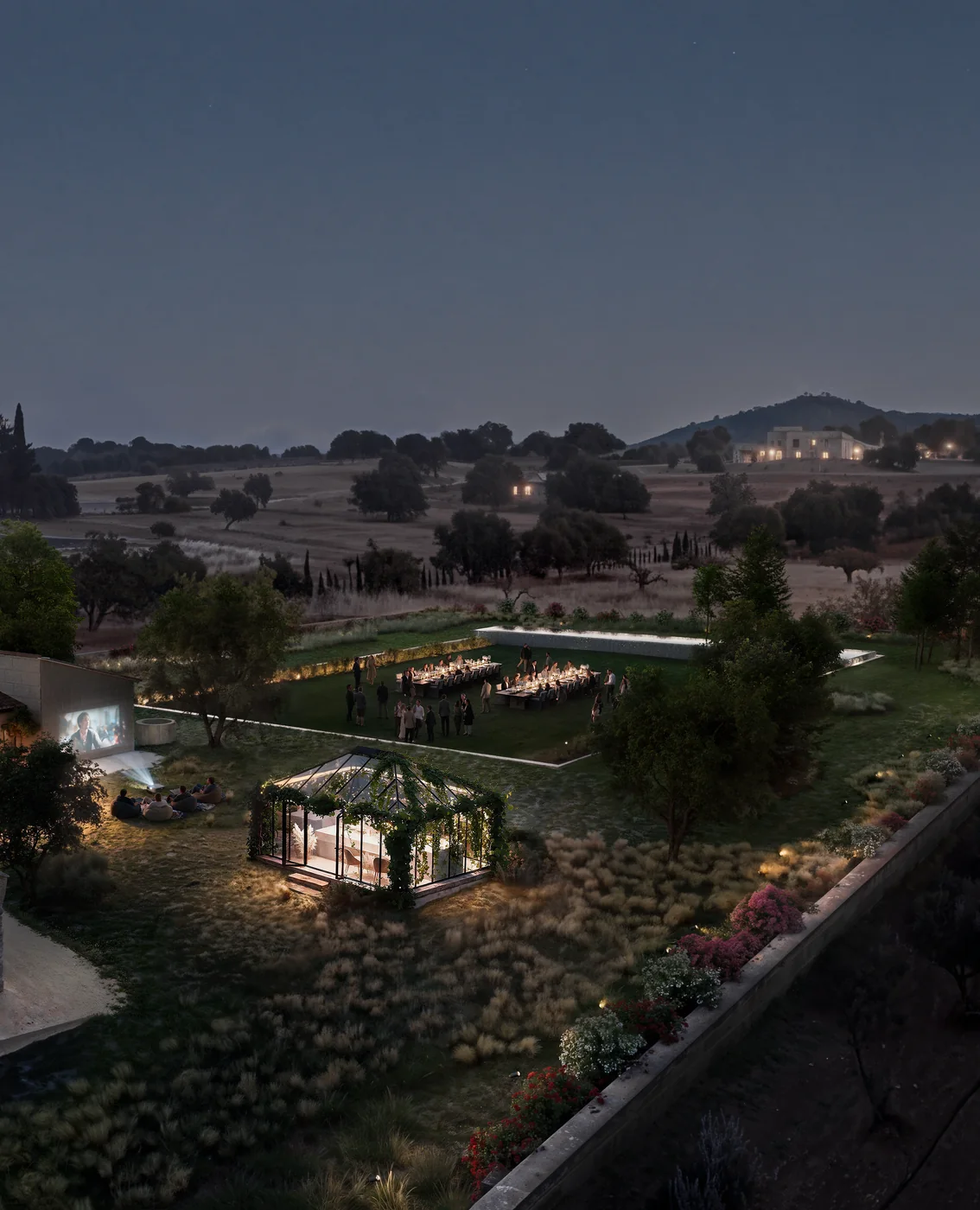 Portrait night render of guests at long dinner tables on the lawn of a Mallorca finca beside a lit glasshouse