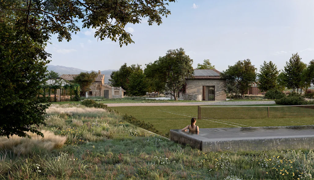 Render of a swimmer at the edge of a raised stone pool under an old tree on a Mallorca finca