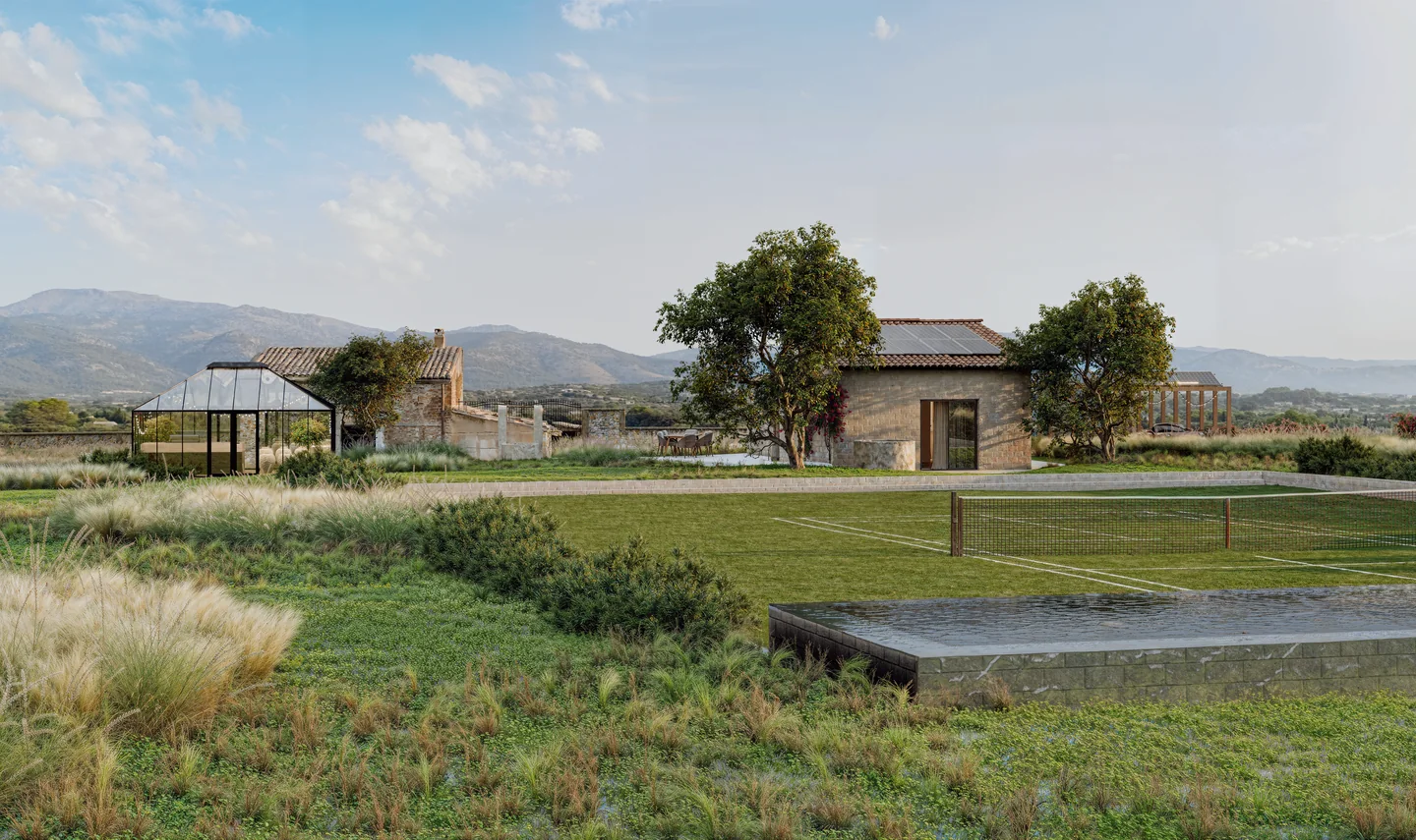 Render of a renovated Mallorca finca garden with a glasshouse, stone house, grass court and pool under a summer sky