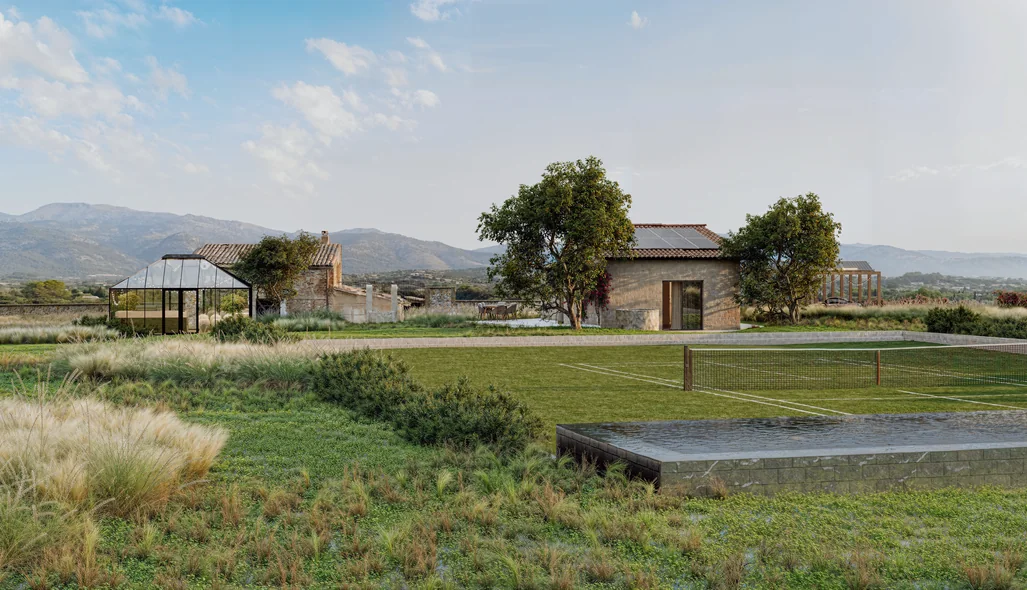 Render of a renovated stone house, glasshouse and grass tennis court seen across meadow planting on a Mallorca finca
