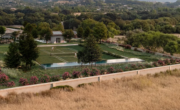 Aerial detail render of a walled finca garden with a grass tennis court, raised stone pool and flowering shrubs along the wall