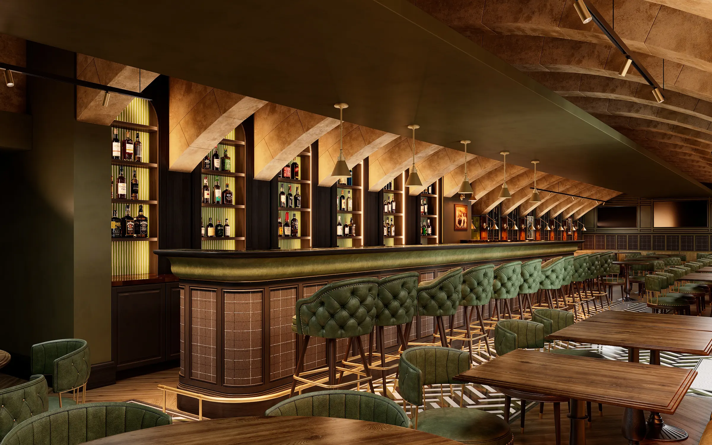 Render of the gastropub bar with tufted green leather stools along a green bar counter, lit bottle shelves between the vaults and screens switched off