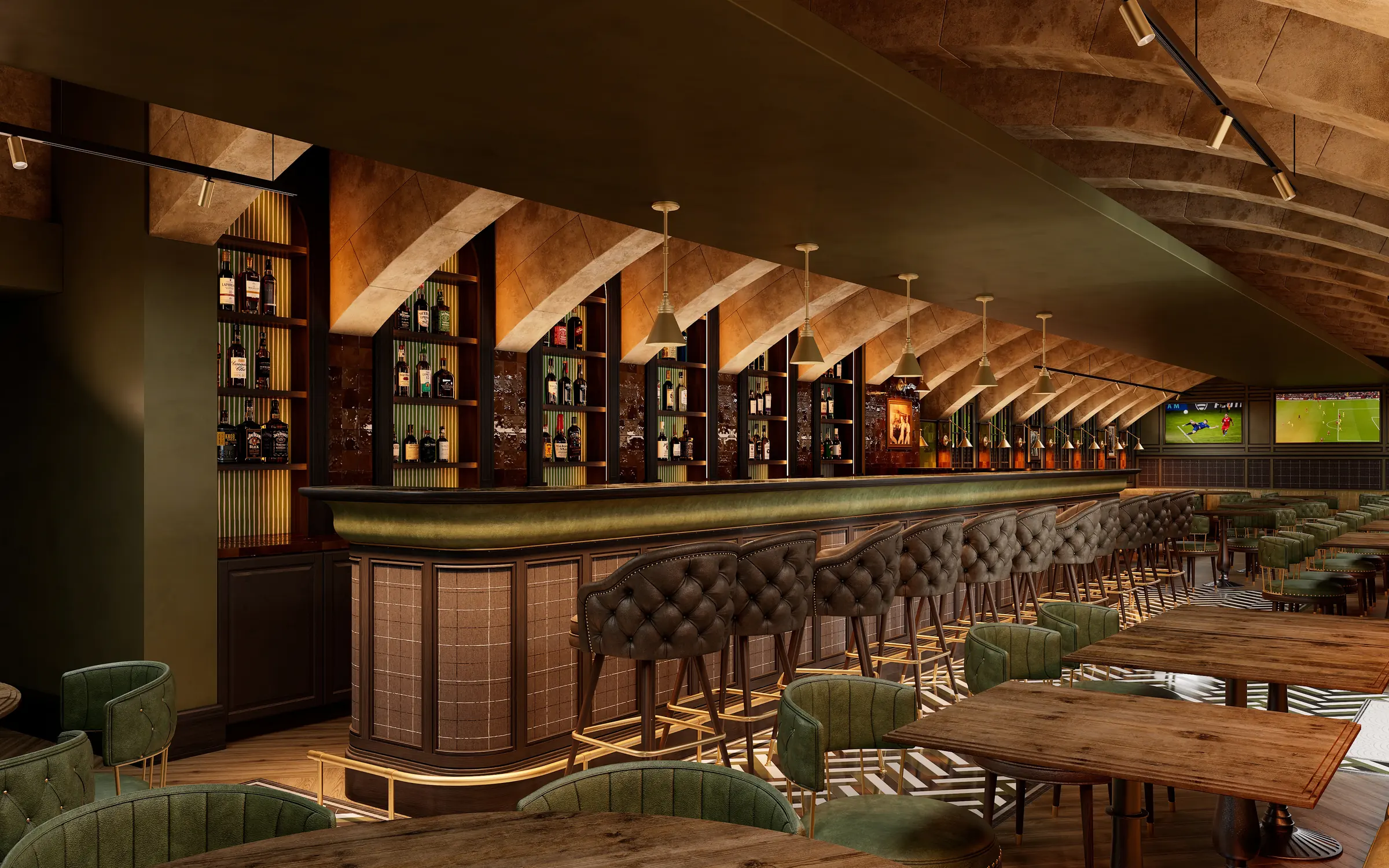 Render of a gastropub bar with tufted brown leather stools, a green bar counter, lit bottle shelves between arched vaults and screens at the end