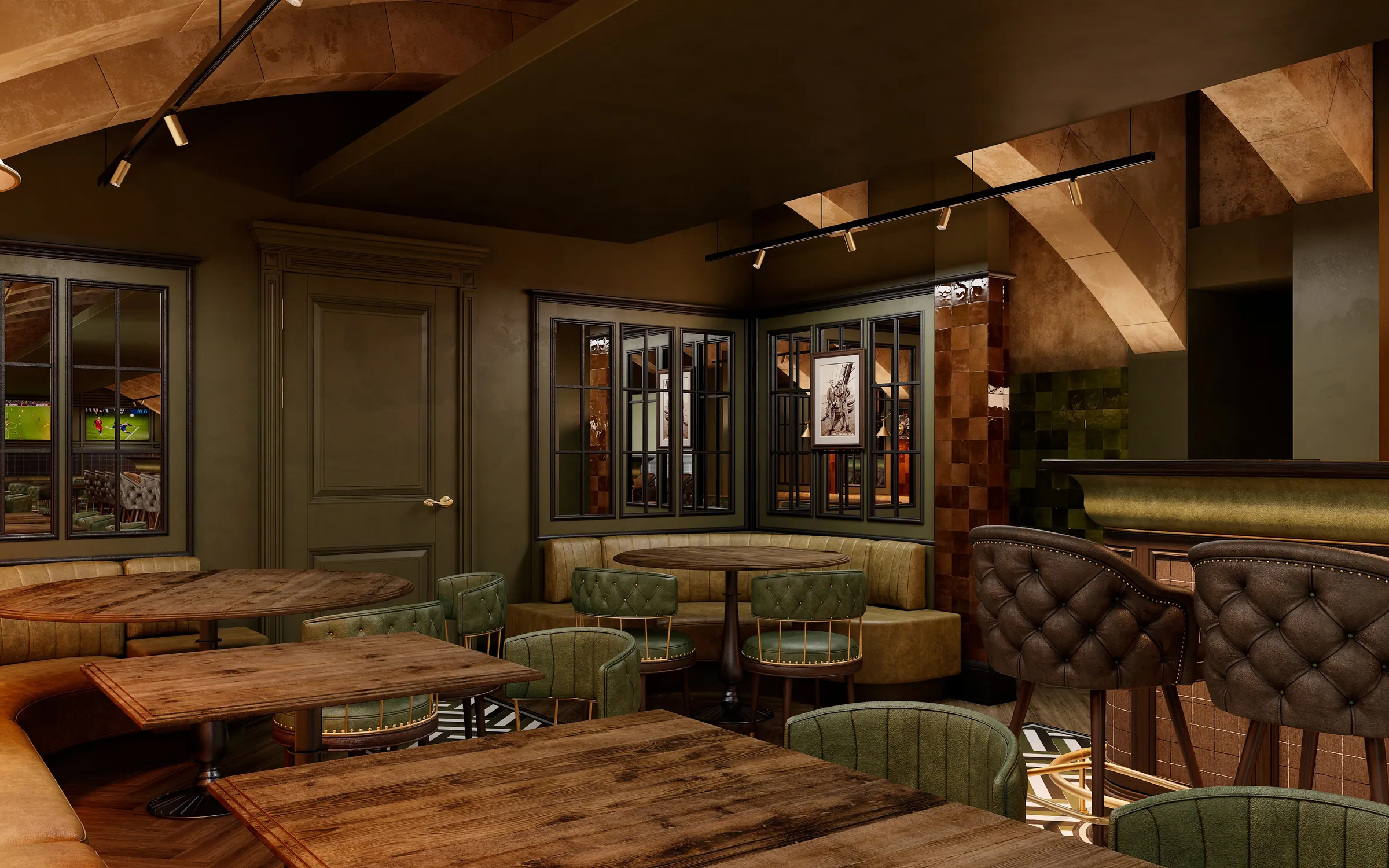 Render of a gastropub corner with curved banquettes, small tables, two tufted brown leather bar chairs, glazed partitions and framed prints