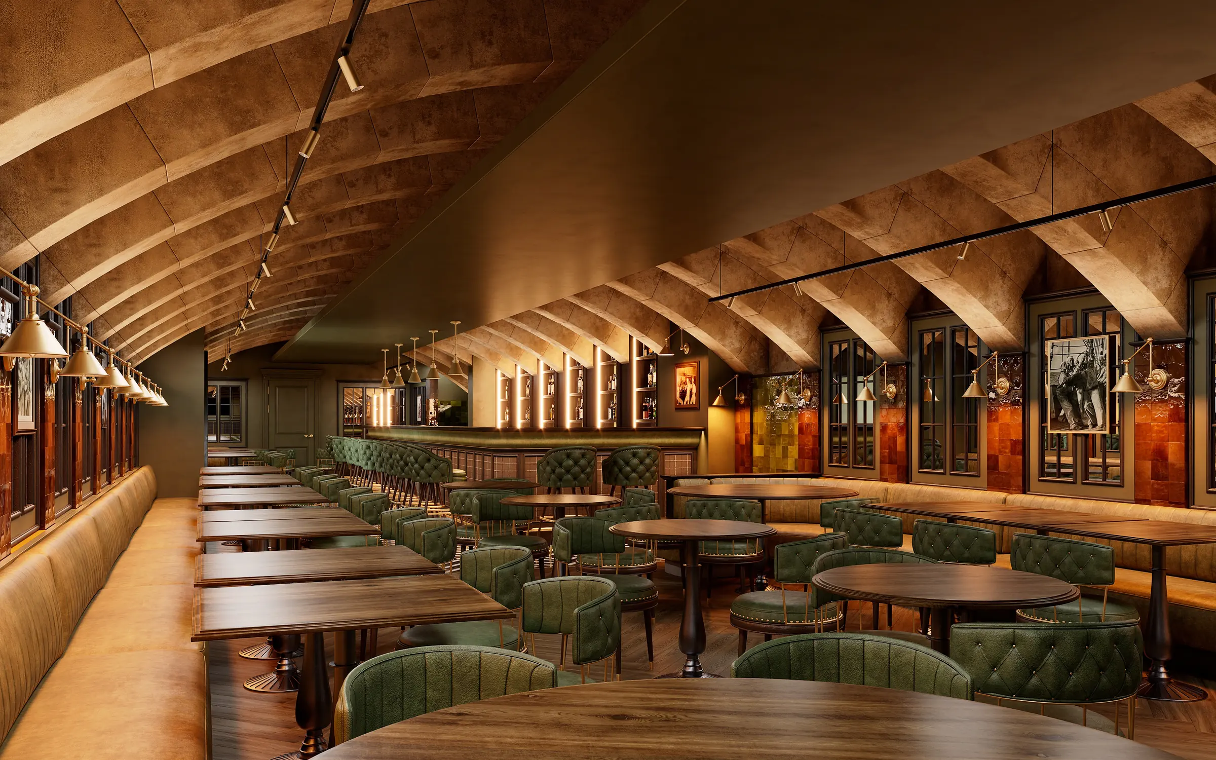 Render of the gastropub dining hall under arched vaults with darker smooth table tops, green tufted chairs and leather banquettes