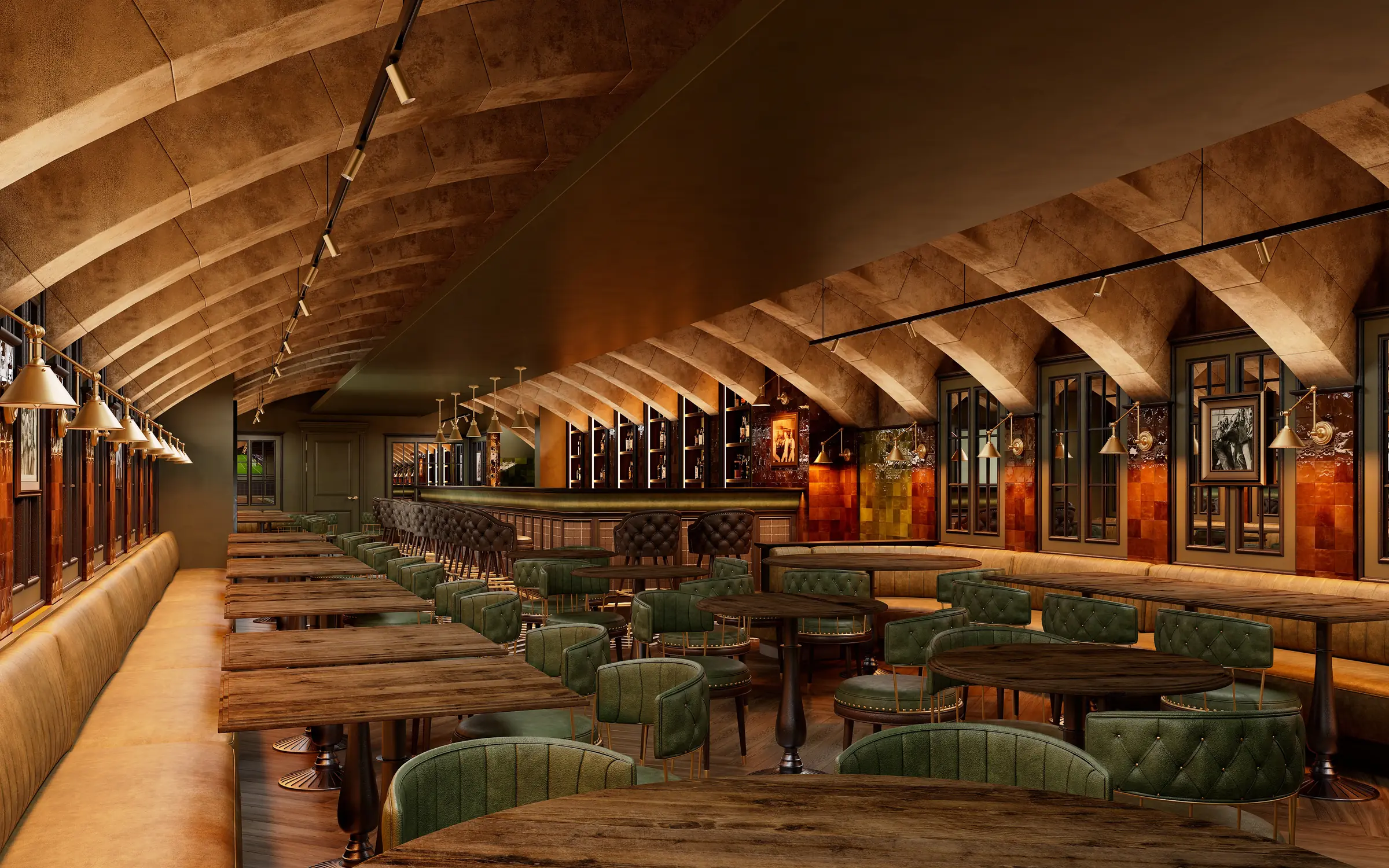 Render of a gastropub dining hall under long arched vaults with leather banquettes, plank tables, green tufted chairs and a bar at the far end