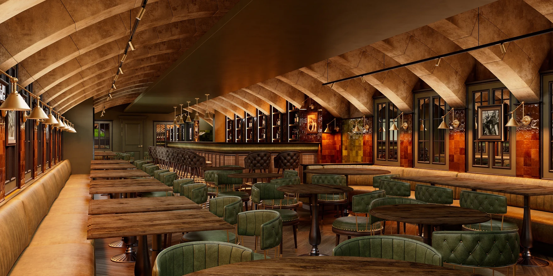 Render of a gastropub dining hall under long arched vaults with leather banquettes, plank tables, green tufted chairs and a bar at the far end